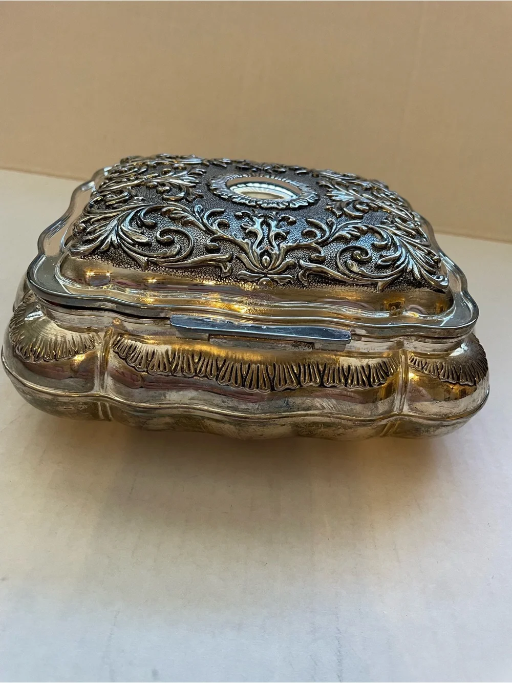 Vintage Godinger Silverplate Victorian Ornate Jewelry Box Red Velvet Lining